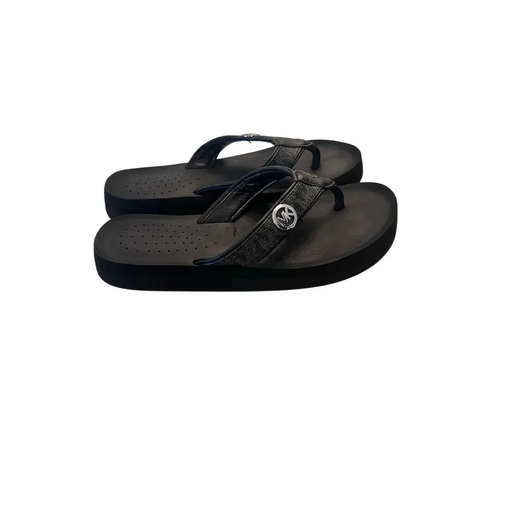 Michael Kors Woman's 8 Monogram Black Wedge Flip Flop Comfort Sandals